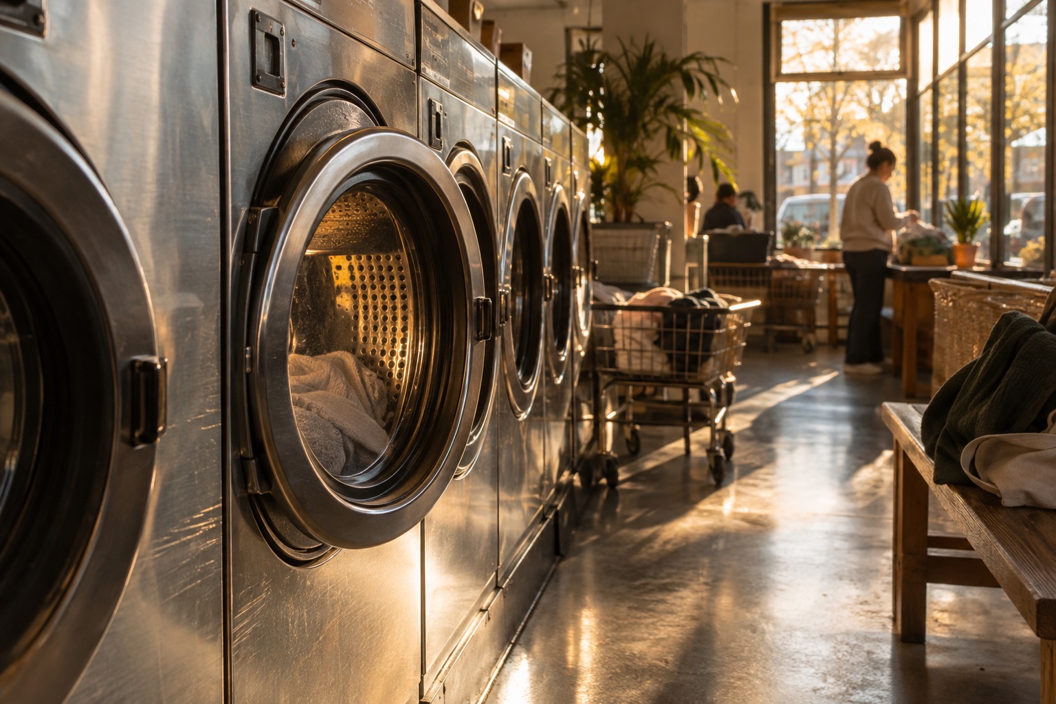 Rows of commercial washers inside a neighborhood laundromat